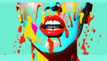 Canvas Print - model made up and with pop art style painting, fashion and art concept