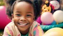 A Little Black Girl Smiles In A Park Filled With Easter Eggs And Bunnies, Generative AI