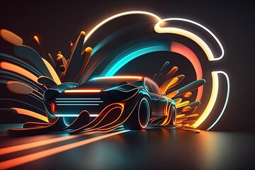Wall Mural - Background of speeding headlights highlighted by an abstract neon glow against a nighttime sky. Generative AI
