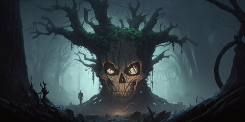 Wall Mural - scary skull tree in a horror forest, banner, Generative AI