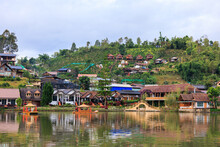 Beautiful Scenery Of Ban Rak Thai Village By The Lake Chinese Hotel And Resort Is The Famous Tourist Attraction And Landmark In Winter Northern  Of Mae Hong Son, Thailand