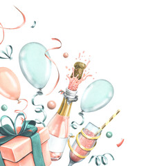 Gift box with a bottle and a glass of champagne, with balloons and confetti, in pink and blue. Watercolor illustration. Festive composition from the collection of HAPPY BIRTHDAY. For congratulations