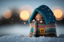 Scarf-covered Dollhouse Set Against A Hazy Winter Sky. Generative AI