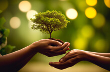 Climate Protection: 2 Hands Hold A Tree Or A Plant And Hand It Over. Climate, Environmental Protection. Environment. Space For Text. Green Garden Bokeh Background.