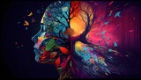 Fototapeta Kosmos - human brain concept. Creative part and colorful forest and nature. Colorful vector brain illustration, brain hand-drawn painting of forest nature. Non-existent person. Generative Ai