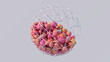 Pink and orange balls inside white textured sphere. Abstract illustration, 3d render.
