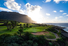 Beautiful Aerial View Of Gold Course At Sunset On The Coast Of The Ocean, Buena Vista , Tenerife, Canary Islands