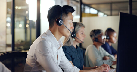 Poster - Senior call center consultant, woman and contact us, CRM and talking in customer service, computer at desk. Phone call, telemarketing and diversity, writing in notebook in coworking space and headset