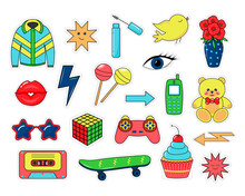 Cute Retro Comic Stickers In Pop Art Style Such As Lips, Bird, Cassette, Vase, Mobile Phone And Other. 90s Nostalgic Badges.