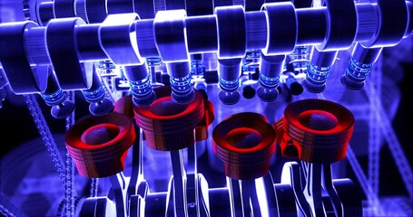 Poster - Powerful Car Engine Pistons Moving Up And Down. V8 Engine. Machines And Industry Related 4K 3D Animation.
