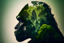 Muzzle Of Gorilla Profile Silhouette With Leaves Of Tropical Vegetation Of Exotic Forests. The Concept Of Protecting Animals And Forest Environment. Generative AI