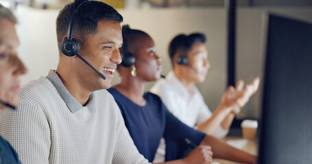 Leinwandbilder - Call center, business man and team communication, global office and telemarketing diversity. Telecom, technical support or virtual help desk agent, consultant or ecommerce worker smile on computer