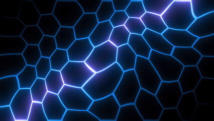 Poster - Liquid pattern of neon hexagons. Motion. Neon lines in moving pattern of hexagons in distorted space. Neon hexagons move like liquid distorted texture