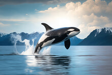 Orca Jumping Out Of Ocean Water With Mountains In Background Made By Generative Ai
