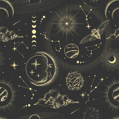 Wall Mural - modern magic witchcraft astrology seamless pattern with sun, stars, planets and outer space. astrolo