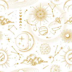 Wall Mural - modern magic witchcraft astrology seamless pattern with sun, stars, planets and outer space. astrolo