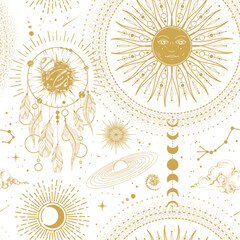 Wall Mural - modern magic witchcraft astrology seamless pattern with sun, stars, planets and outer space. astrolo