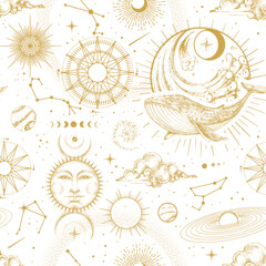 Wall Mural - modern magic witchcraft astrology seamless pattern with sun, stars, planets and outer space. astrolo