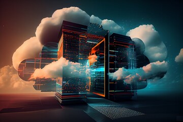 Wall Mural - Cloud Computing Technology Concept Background, Digital Illustration. Generative AI