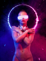 Wall Mural - Poster with hot DJ woman in neon lights. Portrait of sexy TDJ at the night club party. Mixtape or book cover design - download high resolution picture for your song cover. The template for song album.