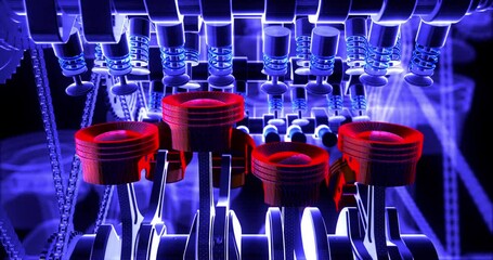 Fototapete - V8 Engine Animation With Moving Engine Parts. Valves And Crankshaft. Machines And Industry Related 4K 3D Animation.