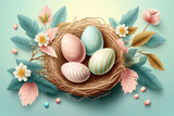 Fototapeta Dinusie - Easter poster with Easter eggs in the nest on light blue background. Generative AI, Greetings and presents for Easter Day