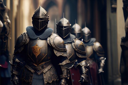 Medieval formidable knights prepare for historical battle. A historical medieval concept. Generative AI Art.