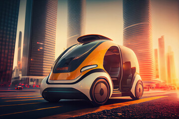 design study of a futuristic autonomous robo taxi in a mega city. generative ai