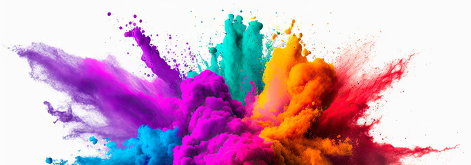 Wall Mural - Multicolored explosion of rainbow holi powder paint isolated on white background. Panoramic view. Generative AI
