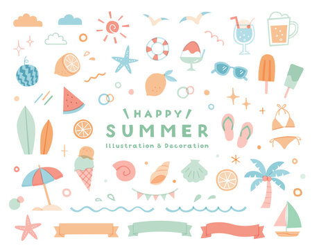 夏・海のシンプルなイラストセット　飾り　装飾　ビーチ　夏休み　リボン　旅行　南国　海水浴　8月　真夏