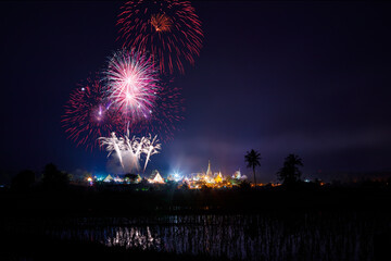 Wall Mural - Beautiful fireworks at Wat Ban Den, Mae Tang Chiangmai Thailand.