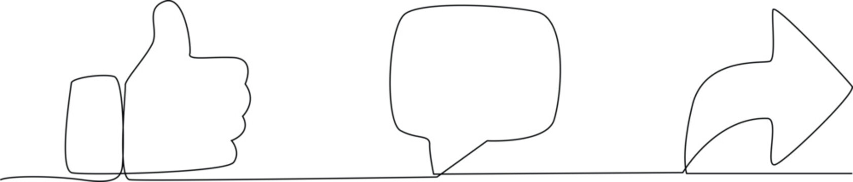 single one line drawing notification icons of like, message and comment. social media concept. conti