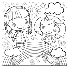 Sticker - Black and white coloring pages for kids, simple lines, cartoon style, happy, cute, funny, many things in the world