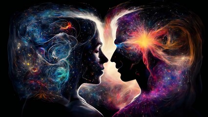 Man and woman silhouettes with Nebula background. Human souls in love, astral bodies. Esoteric and spiritual life concept. Generative Ai illustration. 