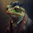 A Character Portrait Anthropomorphic Frog Dressed in a Victorian-era Costume and Top Hat, a Skilled Medical Doctor with Speckled Green Skin and Modern Sensibilities made with Generative AI