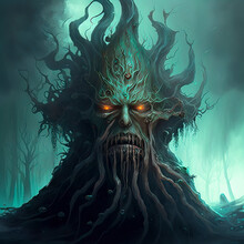 A Large Evil Tree With A Menacing Face And Red Eyes Stands In The Middle Of A Haunted Forest, Emanating Dark Energy And Causing A Sense Of Foreboding And Fear In Those Who Encounter It Made With Gener