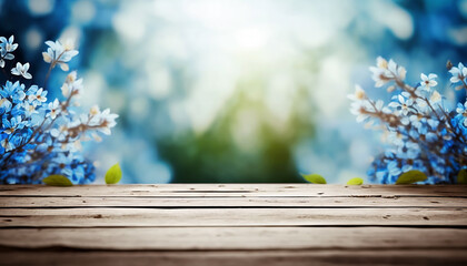 empty wooden surface with with blue spring flower blossom background, generative ai