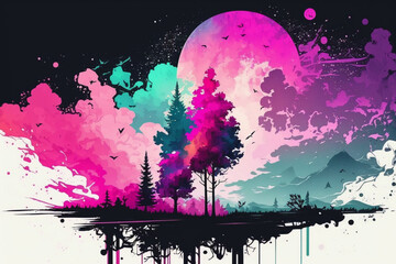 Wall Mural - Lovely Cute neon watercolor wallpaper Generative AI