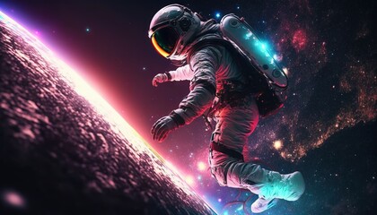 Wall Mural - vivid colorful illustrations of astronaut in space surfing on surfboard waves of galaxies generate a