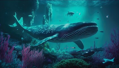 whale in colorful underwater world created with generative ai technology