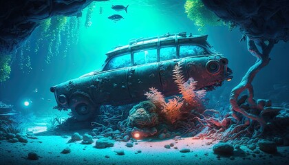 Wall Mural - car wreck in colorful underwater world created with generative ai technology