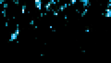 Poster - Pixelated pattern with blue shimmering squares slowly falling down. Motion. Retro game design on a monitor.