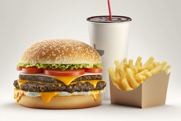 Fast Food Feast - A Mouthwatering 3D Render of a Delicious Meal with Burger, Fries, and Soft Drink on a White Studio Background - Generative AI technology