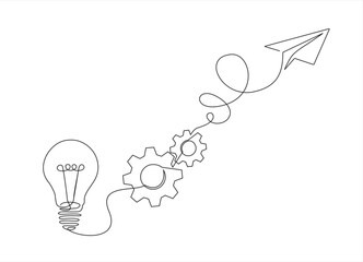 Paper plane flying up connected with light bulb and gears in one continuous line drawing. Airplane in outline style. Startup business idea concept. 