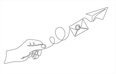 Wall Mural - continuous one line drawing of hand launches E-mail message, post letter. Sketch outline drawing.One line paper plane and envelope.  