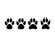 Paw Print Set. Paw Foot Trail Print Of Animal. Silhouettes Of Paws, Dog, Cat, Bear, Puppy Silhouette. Large Set Of Animal Steps Imprints On White Background Vector Design And Illustration.
