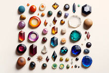 Generative AI Illustration Of Various Colorful Gems Laid Out On Table