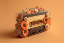 Generative AI Illustration Of Retro Music Cassette Covered With Flowers