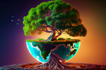 Wall Mural - ecological abstraction. tree growing from the globe. Generative AI