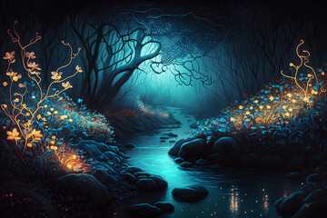 fantasy glowing forest at night